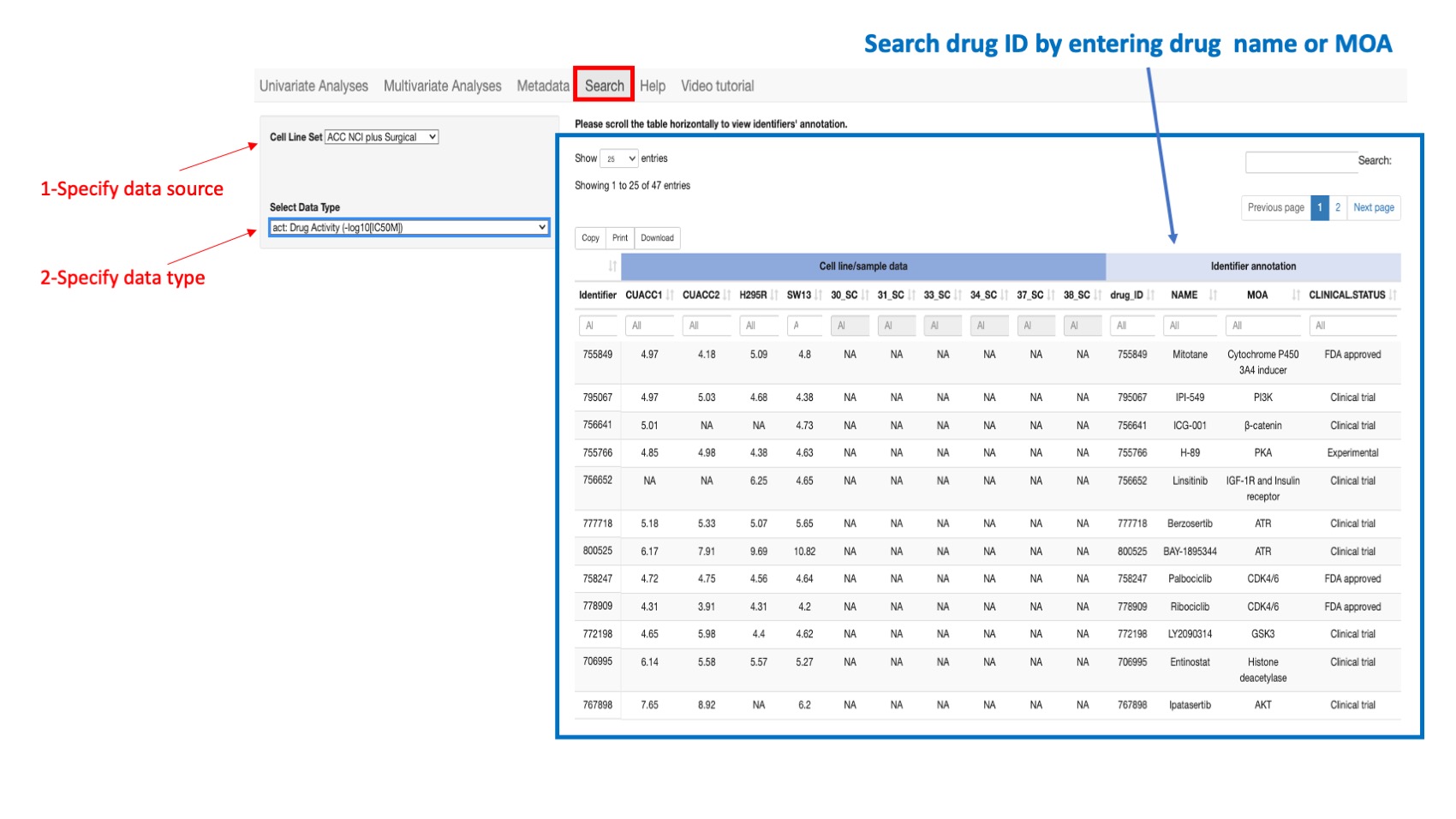 Screenshot of CellMinerCDB Application